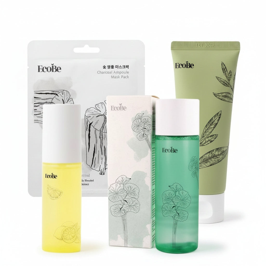 EcoBe Pore Balance Ritual-Pachet rutina coreeana control sebum purificare pentru ten gras, mixt (4 produse)